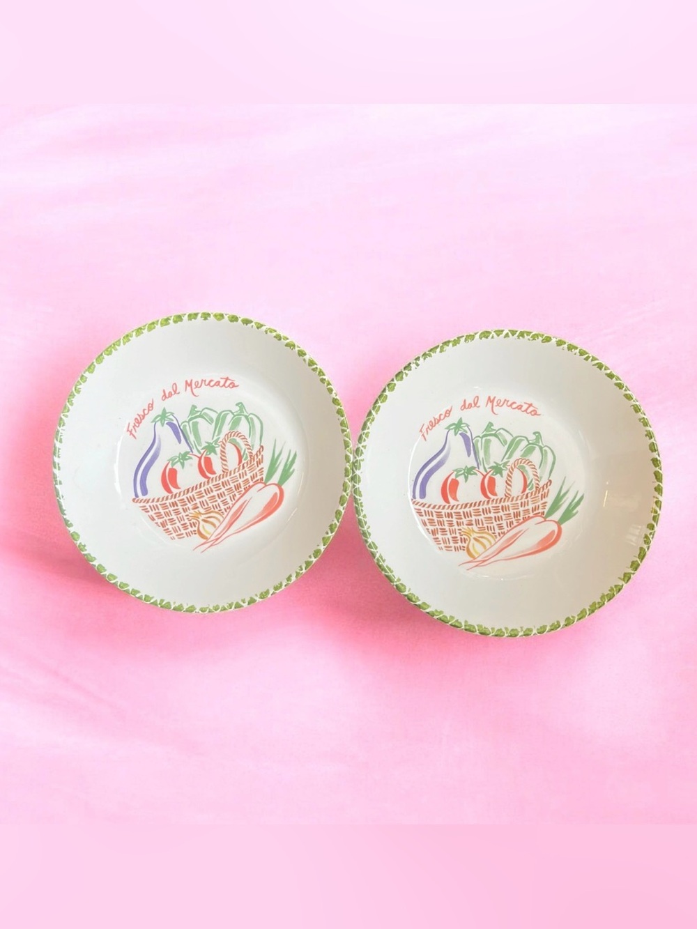 La Primula Italian Set of 2 Ceramic Vegetable Basket Serving Bowls in Green Trim